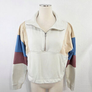 Spiritual Gangster Shay colorblock half zip sweatshirt cream blue red tan small